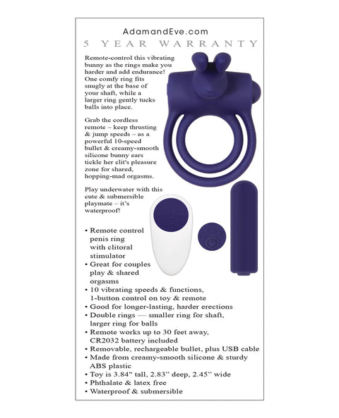 Adam & Eve's Silicone Remote Control Rabbit Ring - Purple