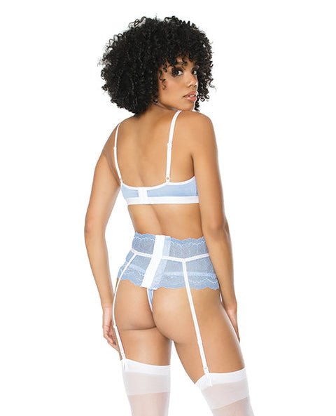 Scallop Stretch Lace Bra, Garter Belt & G-String Light Blue/White