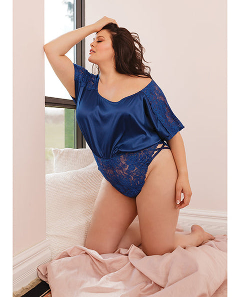 Stretch Satin & Scallop Stretch Lace Off the Shoulder Romper Navy