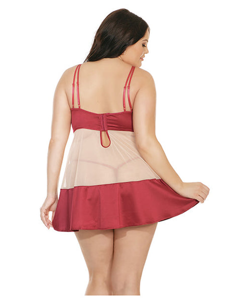 Sheer Nylon & Stretch Satin Babydoll w/Underwire Cups & G-String Merlot/Nude