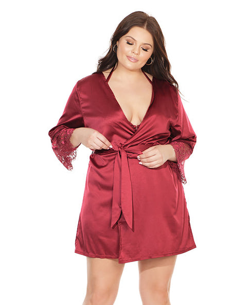 Stretch Satin Robe w/Eyelash Lace Sleeve Merlot