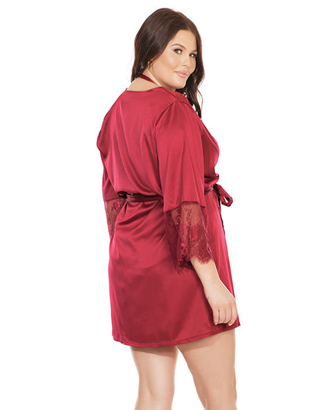 Stretch Satin Robe w/Eyelash Lace Sleeve Merlot