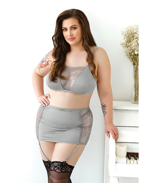 Curve Layne Lace & Microfiber Bralette w/Garter Skirt & G-String Gray