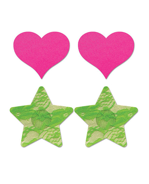 Fantasy UV Reactive Neon Heart & Lace Star Pasties - Pink & Green O/S Pack of 2