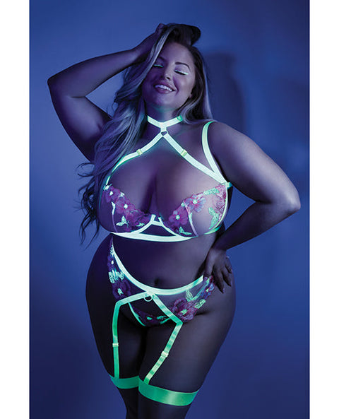 Glow Black Light Embroidered Harness Bra, Leg Garterbelt & G-String Neon Chartreuse