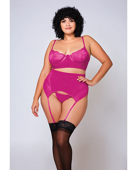 Soft Lace Bra, High Waist Satin & Mesh Garterbelt & G-String Fuchsia