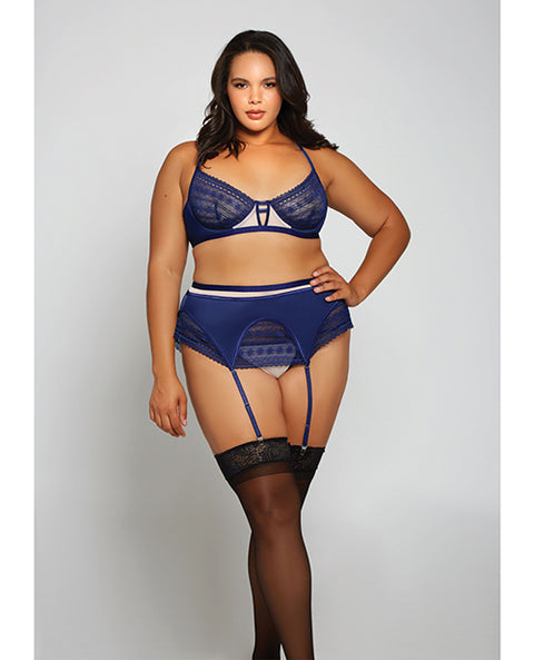 Geometric Lace w/Matte Microfiber Bra, Garter Belt & G-String Navy/Beige