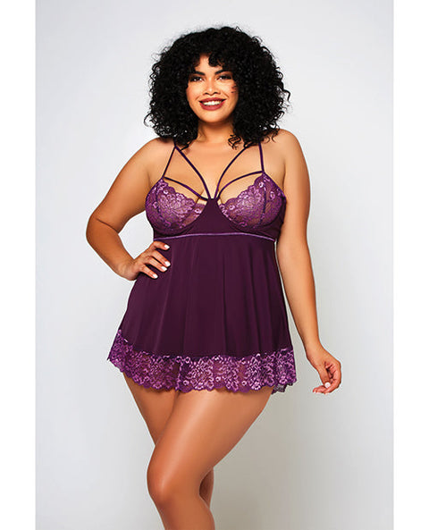 Cross Dye Lace & Microfiber Babydoll & G-String Purple