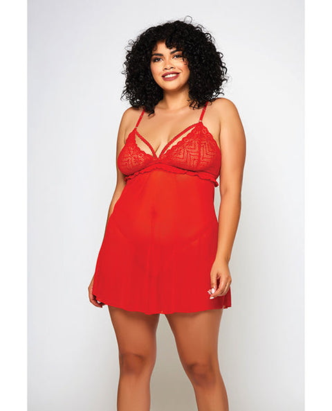 Galloon Lace & Fine Mesh Babydoll & G-String Red