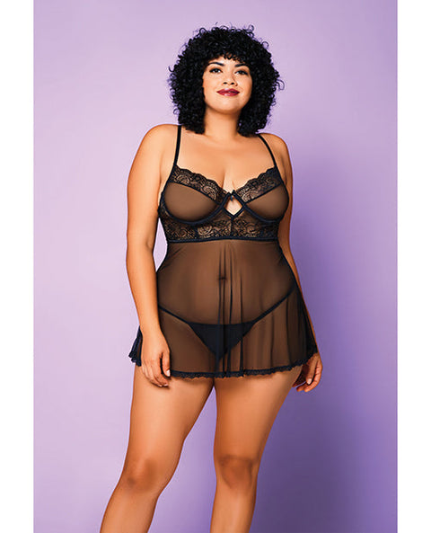Soft Mesh Babydoll & G-String Black