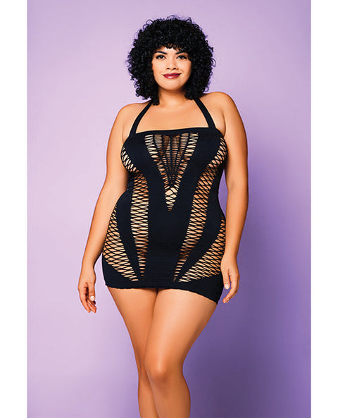 Heart of Chaos Seamless Chemise w/Halter Strap & Vertical V Cut Outs Black