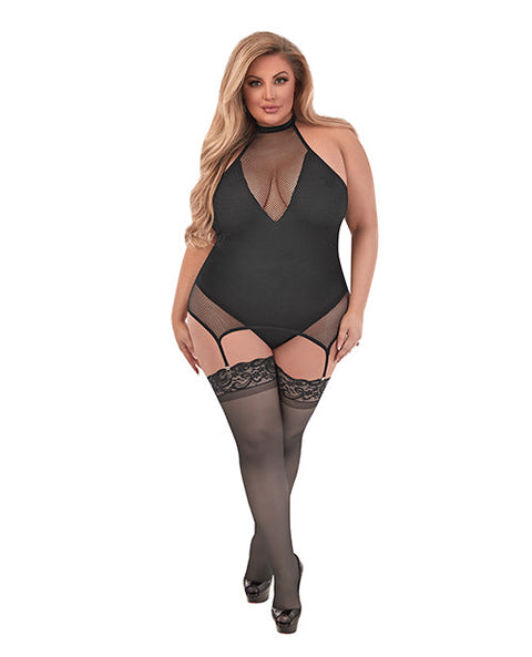Sexy Time Fiona Halter Merry Widow Teddy w/Split Crotch Black