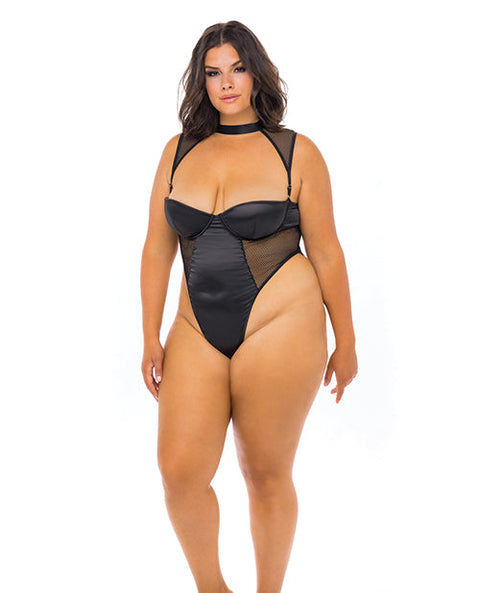 Josephine High Leg Teddy w/Removable Fishnet Collared Harness Black