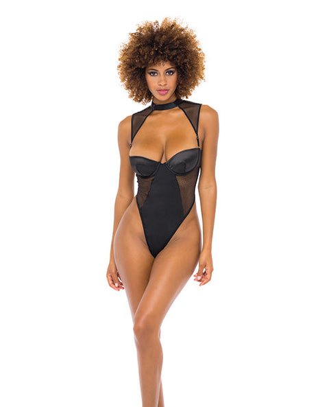 Josephine High Leg Teddy w/Removable Fishnet Collared Harness Black