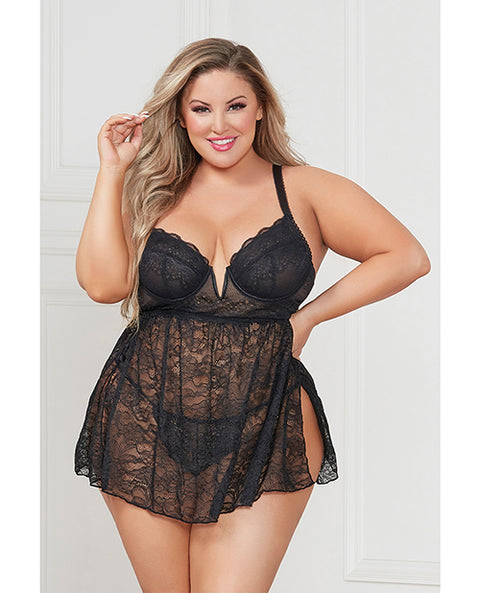 Stretch Lace Babydoll w/Underwire Cups & G-String Black