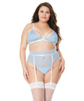 Scallop Stretch Lace Bra, Garter Belt & G-String Light Blue/White