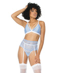 Scallop Stretch Lace Bra, Garter Belt & G-String Light Blue/White