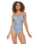Scallop Stretch Lace & Sheer Mesh Teddy W/Front V Cut Out Blue