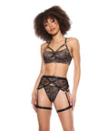 Lace Underwire Bralette W/Thong & Garter - Black/Rose Gold