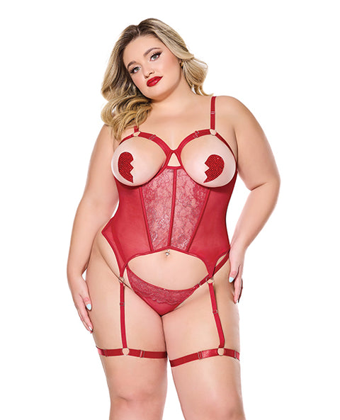 Metallic Stretch Scallop Lace And Mesh Bustier W/Thong - Red
