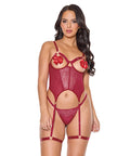 Metallic Stretch Scallop Lace And Mesh Bustier W/Thong - Red