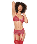 Metallic Stretch Lace Underwire Bra W/Crotchless Garter Panty - Red