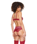 Metallic Stretch Lace Underwire Bra W/Crotchless Garter Panty - Red