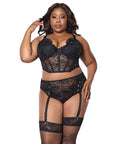 Lace Bustier w/Padded Cups & Gartered Thong Panty 2 pc Set - Black 3X/4X