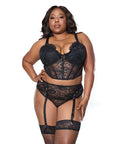 Lace Bustier w/Padded Cups & Gartered Thong Panty 2 pc Set - Black 3X/4X