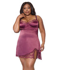 Scallop Lace Trimmed Stretch Satin Chemise w/Underwire Cups - Mauve Plum SM