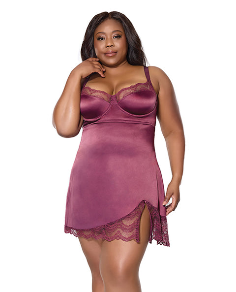 Scallop Lace Trimmed Stretch Satin Chemise w/Underwire Cups - Mauve Plum SM