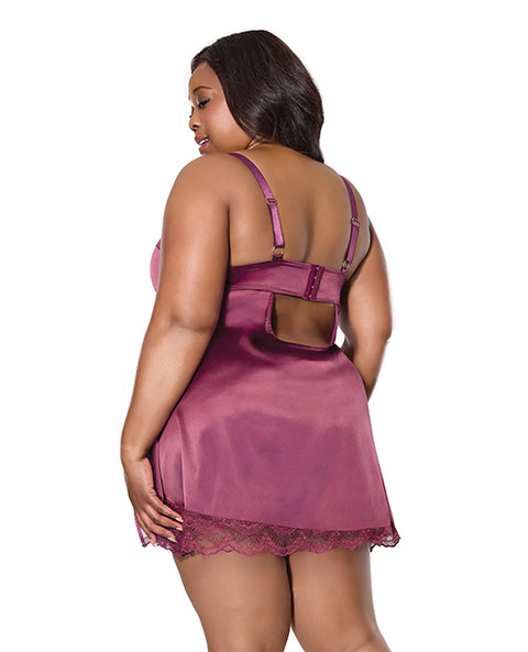 Scallop Lace Trimmed Stretch Satin Chemise w/Underwire Cups - Mauve Plum SM