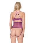 Metallic Stretch Lace & Mesh Teddy W/Detachable Panty - Purple