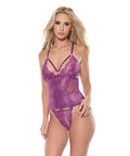 Metallic Stretch Lace & Mesh Teddy W/Detachable Panty - Purple