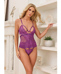 Metallic Stretch Lace & Mesh Teddy W/Detachable Panty - Purple