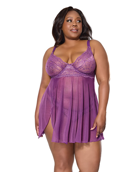 Metallic Stretch Lace & Mesh Babydoll w/Thong - Purple SM