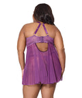 Metallic Stretch Lace & Mesh Babydoll w/Thong - Purple SM