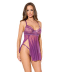 Metallic Stretch Lace & Mesh Babydoll w/Thong - Purple SM