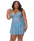 Floral Lace and Mesh Babydoll w/Underwire Cups & High-Waist Thong 2 pc Set - Blue 1X/2X