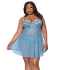 Floral Lace and Mesh Babydoll w/Underwire Cups & High-Waist Thong 2 pc Set - Blue 1X/2X