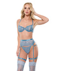 Floral Lace With Gold Hardware Underwire Bra W/Garter & Thong 3 Pc Set - Blue