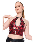 Darque Metallic Wet Look Keyhole Halter Top - Red/Black MD