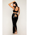 Stretch Faux Leather Harness Bra & Long Slip Skirt - Black 1X