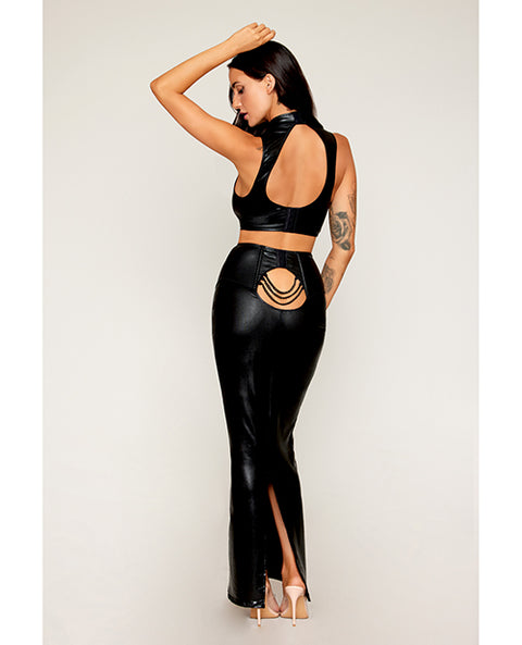 Stretch Faux Leather Harness Bra & Long Slip Skirt - Black 1X