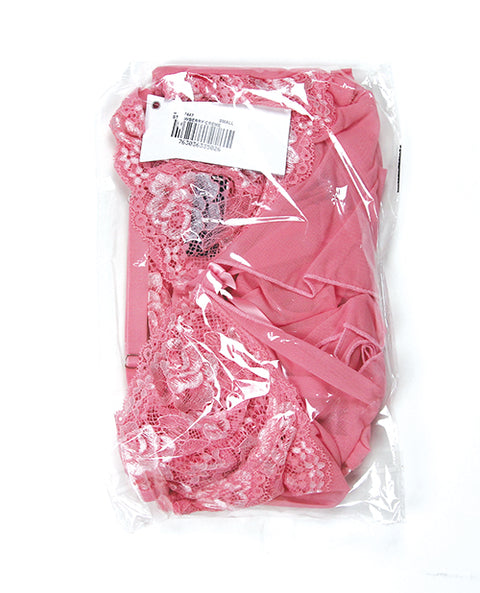 Two Tone Lace And Mesh Crotchless Teddy W/Removable Babydoll Cover 2 Pc Set - Pink