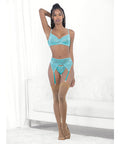 Lace & Mesh Underwire Bra, Garterbelt & G-String Malibu Blue