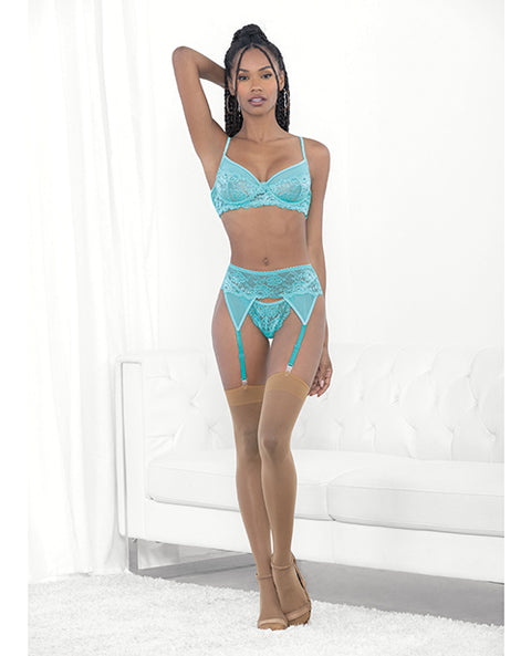 Lace & Mesh Underwire Bra, Garterbelt & G-String Malibu Blue