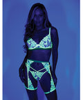 Embroidered Floral Lace Bra W/Thong & Chaps Blacklight Reactive 3 Pc Set - Yellow