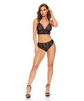 Touch Of Pearl Feather Lace Bralette With Pearl Detail & Brazilian Panty 2 Pc Set - Black