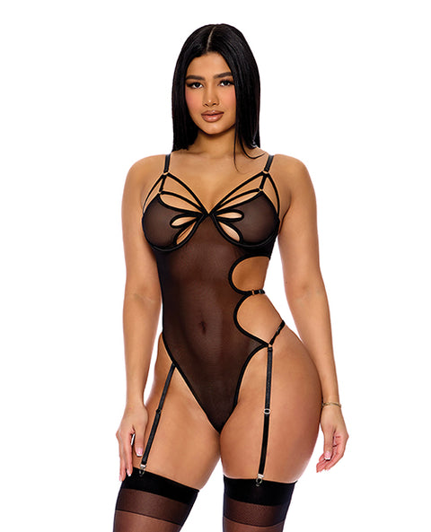 Feeling Butterflies Mesh Teddy W/Garters - Black